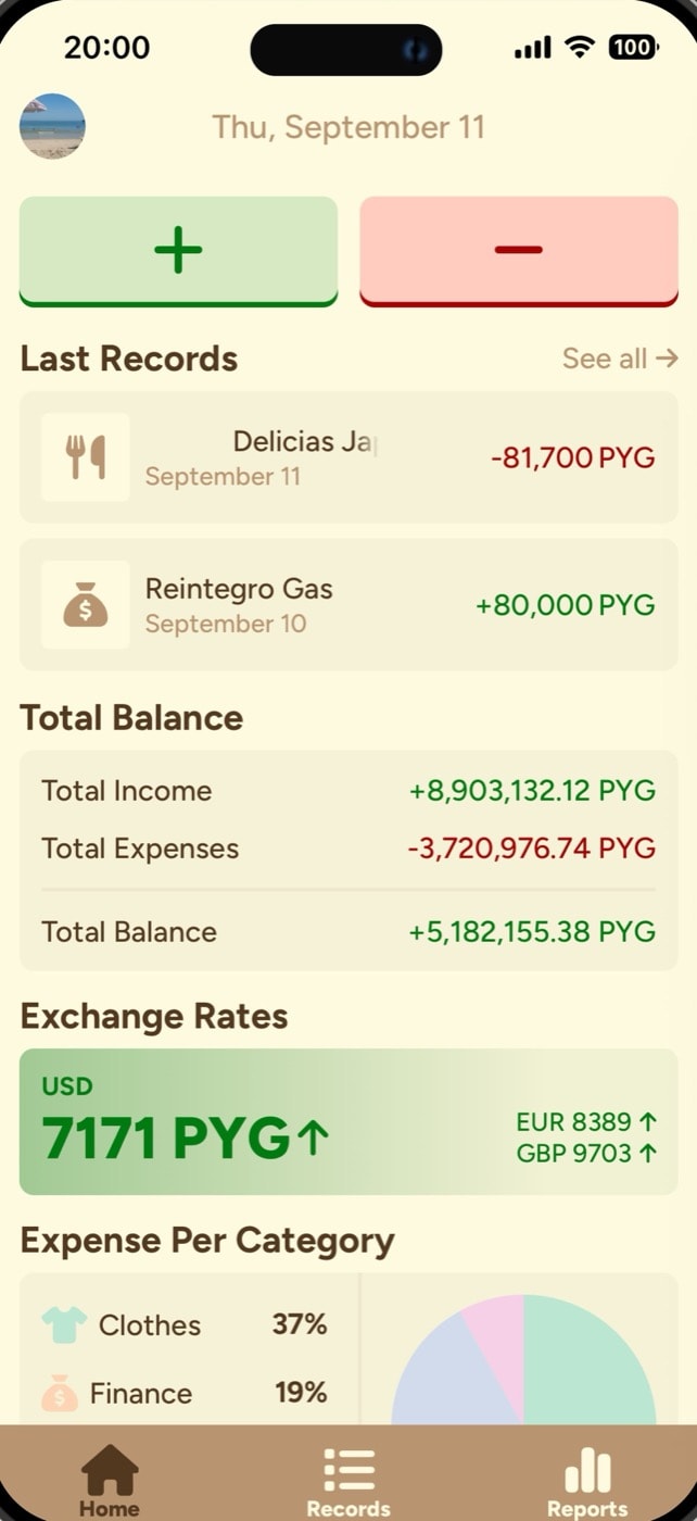 Nekonomy app showing balance, records and exchange rates